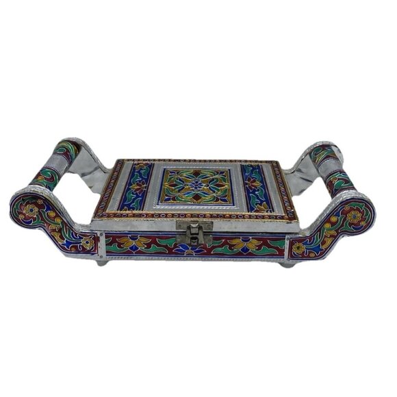 Vintage Meenakari Indian Silver Foil Snack Tray 12.5x4.5 Decorative Traditional - Picture 1 of 16